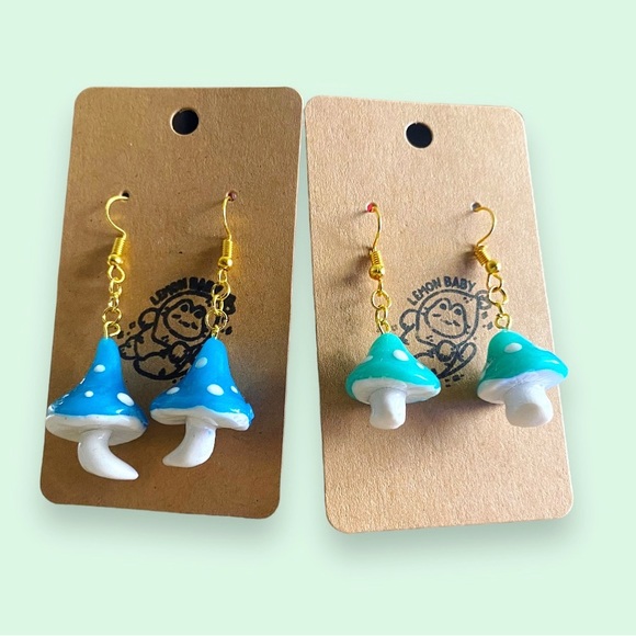 Handmade Blue Teal Mushroom Cottagecore Dangle Earrings - Polymer Clay and Resin - Picture 4 of 4
